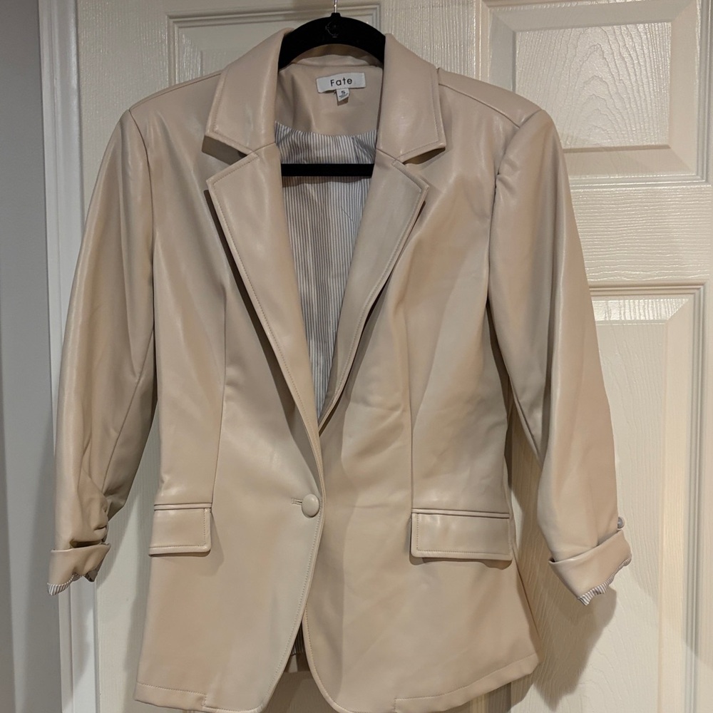 Fate Cream Vegan Leather Single-Button Blazer